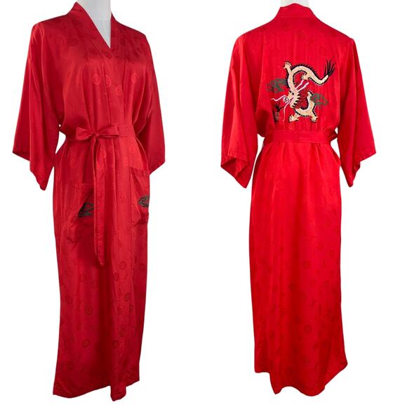 Vintage 70s Boho Red Silk Embroidered Dragon Unisex Kimono Robe Size M - Picture 1 of 15